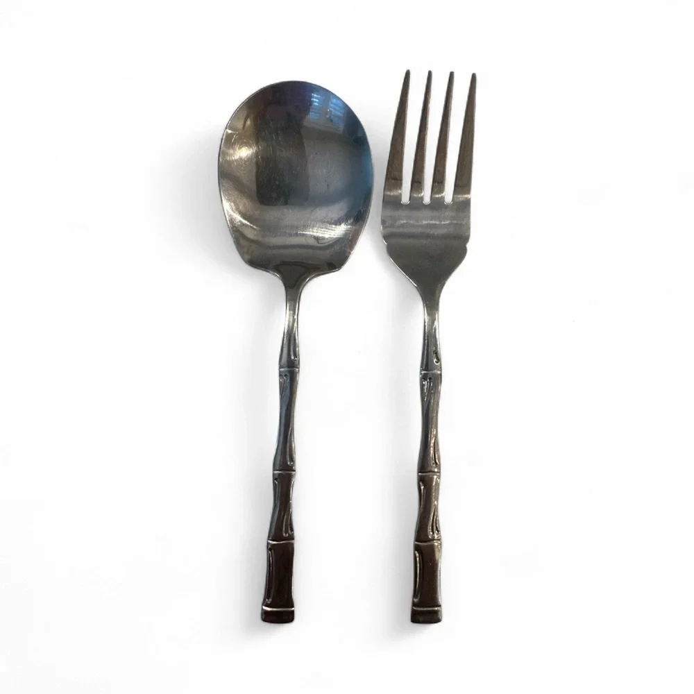 2 Piece Fork Spoon Serving Set Holiday Bamboo Mid Century Stainless Korea 9